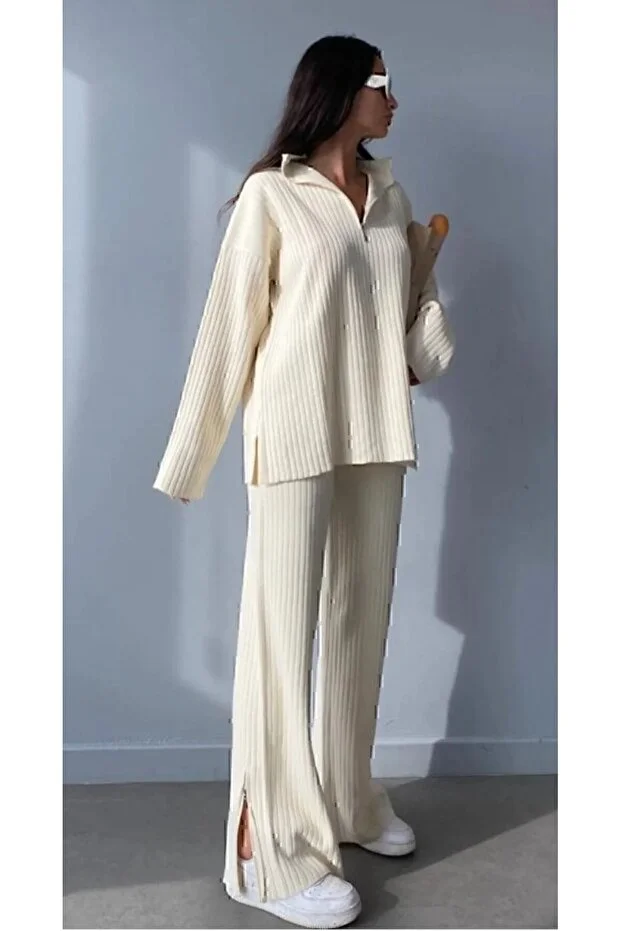 Kadın Fitilli Yaka Fermuarlı Paçası Yırtmaçlı Yanlardan Fermuarlı Triko Takım Ekru
